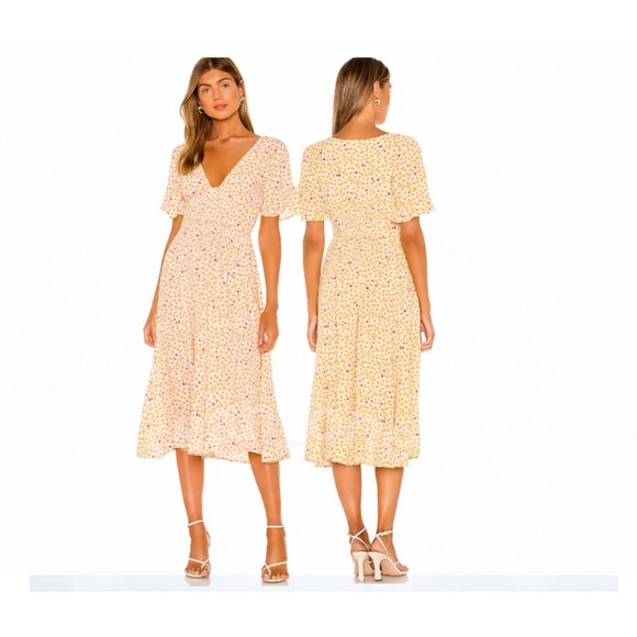 Free People Dresses & Skirts - Free People Yellow Ditsy Floral Short Sleeve Full Bloom Midi Dress Women's Large